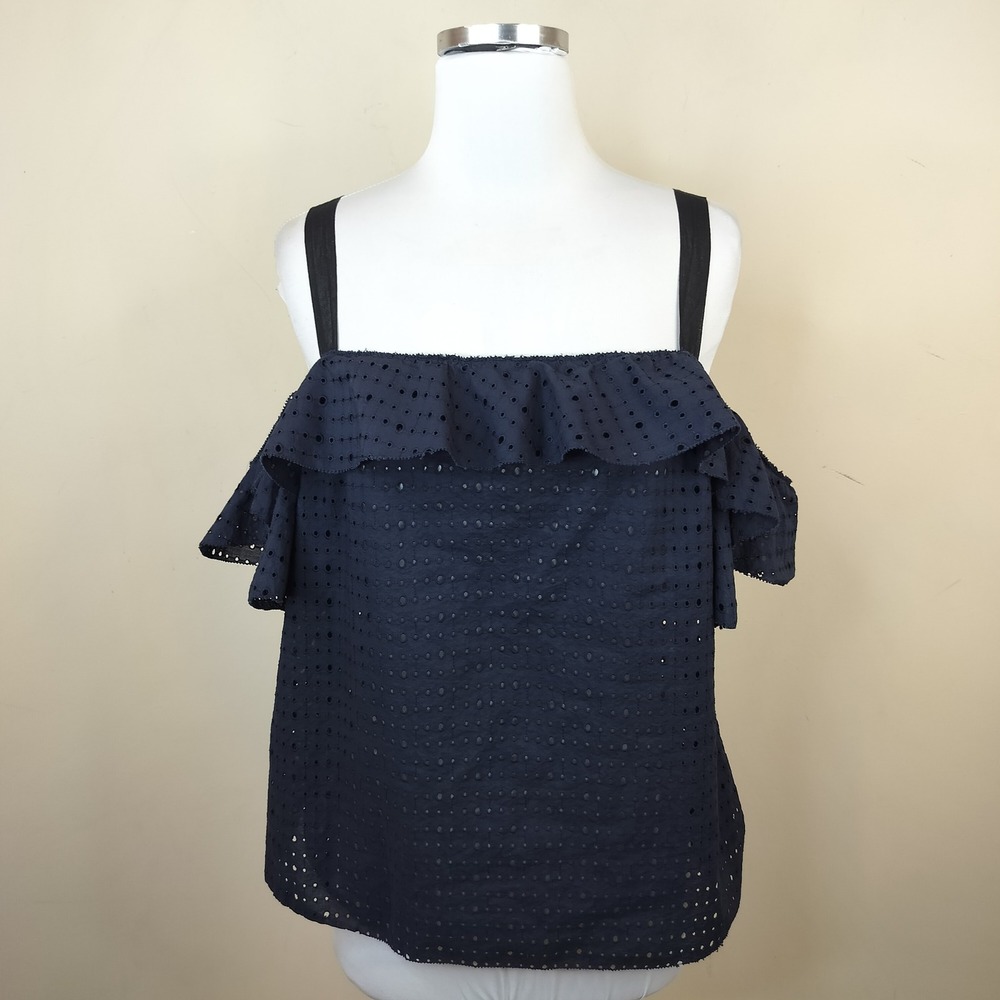 Elie Tahari Cold Shoulder Eyelet Top Large Ruffle Navy Blue Cotton Short Sleeve